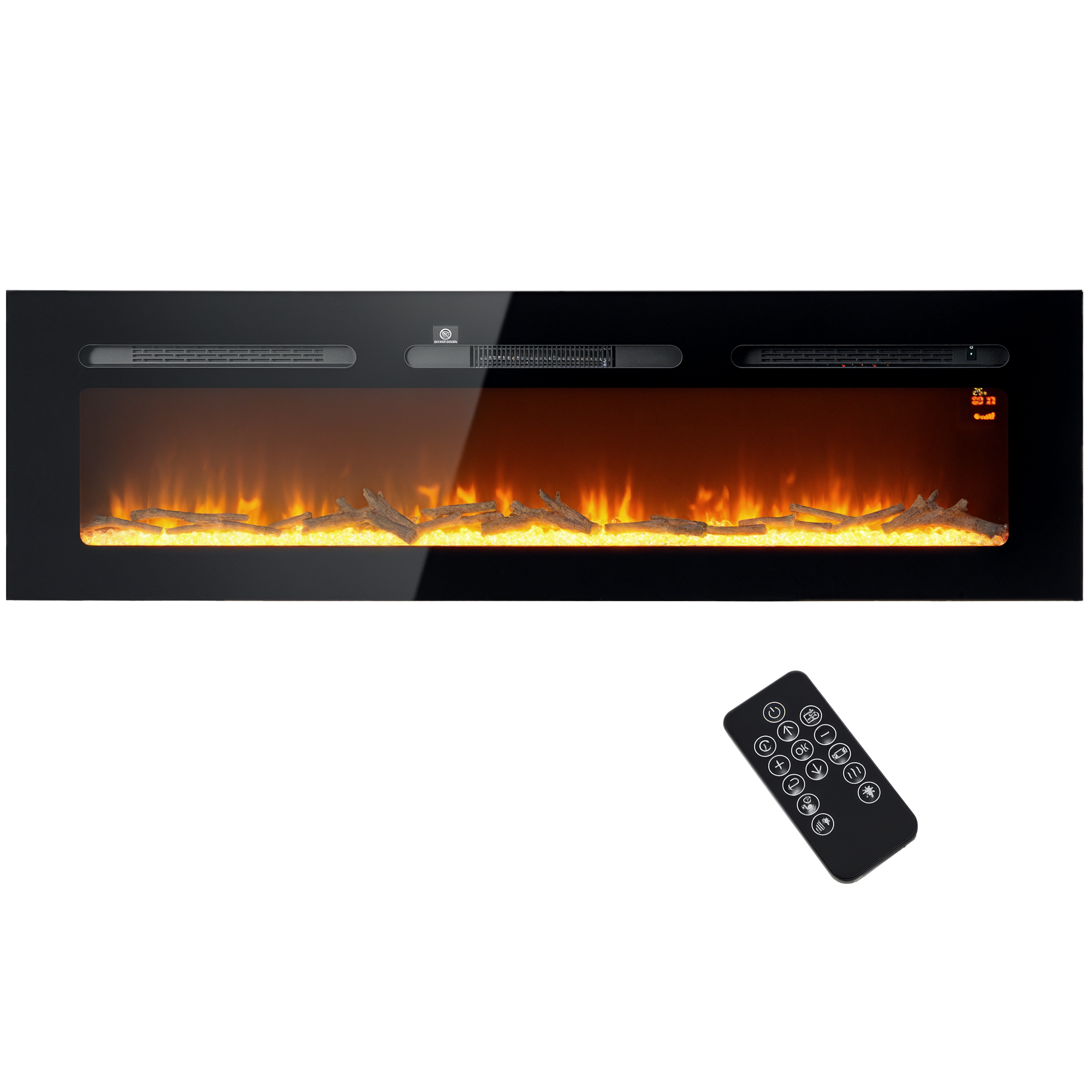 Un moderno caminetto elettrico con cornice nera, fiamme luminose e un telecomando.
