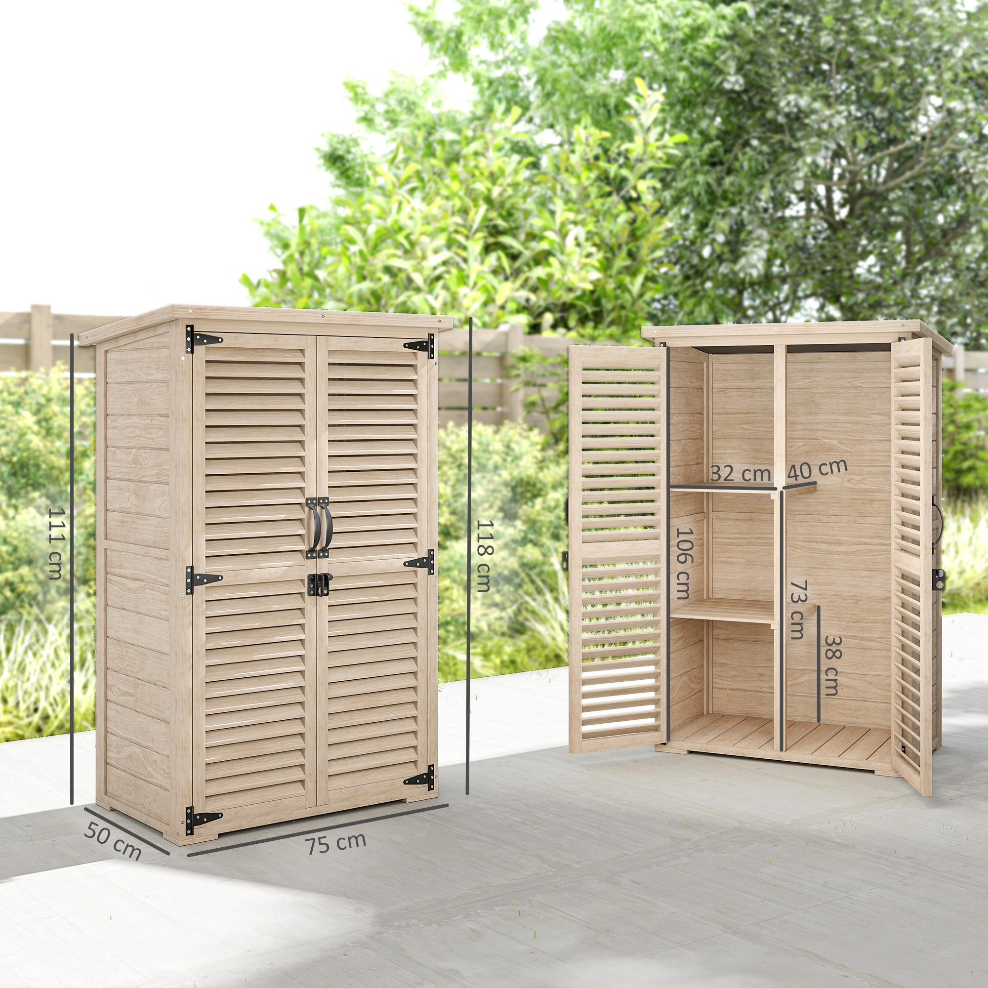 Mobile contenitore in legno con dimensioni visibili, uno chiuso, uno aperto. Fogliame verde sullo sfondo.