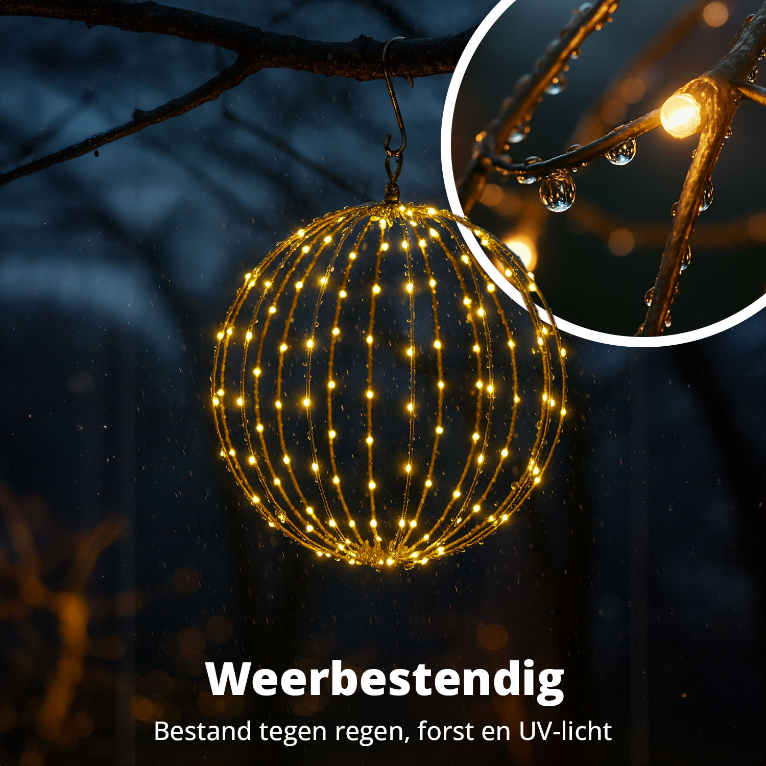 Een decoratieve bol met lichtjes hangt aan een tak. Regendruppels zijn zichtbaar. De achtergrond is donker, de bol gloeit warm.