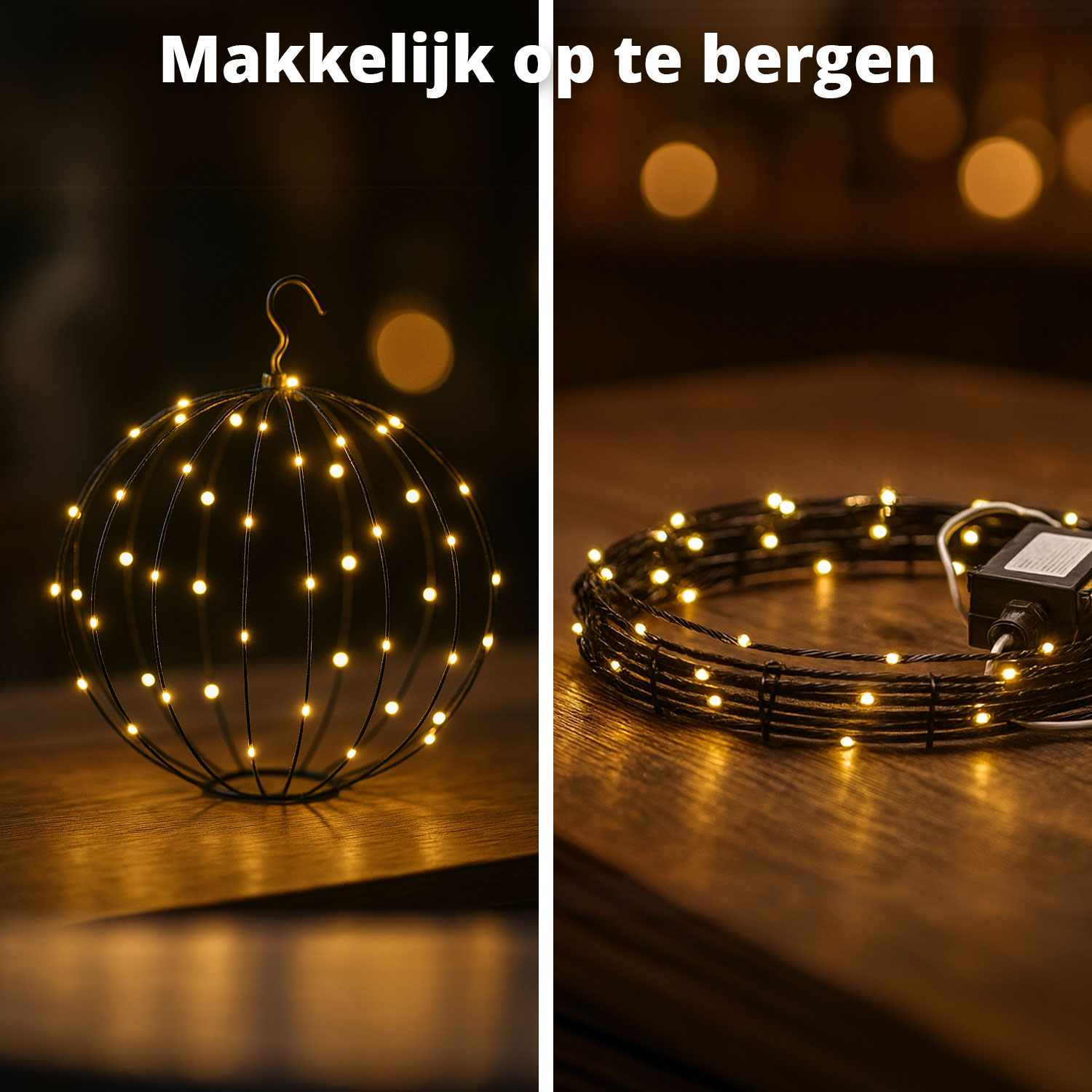 Een decoratieve bol met lampjes en een lichtsnoer liggen op een houten oppervlak.