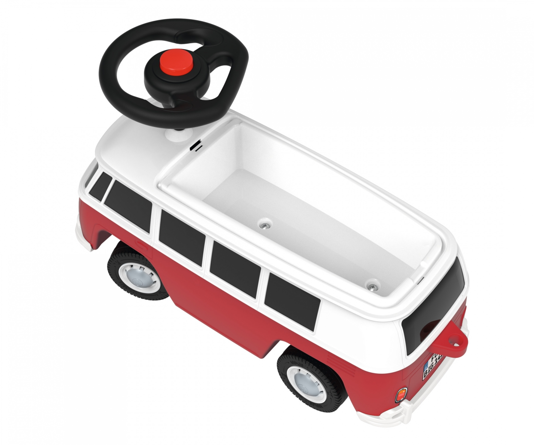 Ein rot-weißer Spielzeugbus mit schwarzem Lenkrad und rotem Knopf. Es hat schwarze Fenster und schwarze Reifen.