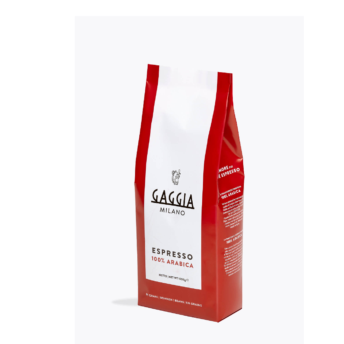 A red and white Gaggia Milano coffee bag. It says 'Espresso 100% Arabica' on it. Text in multiple languages is also present.