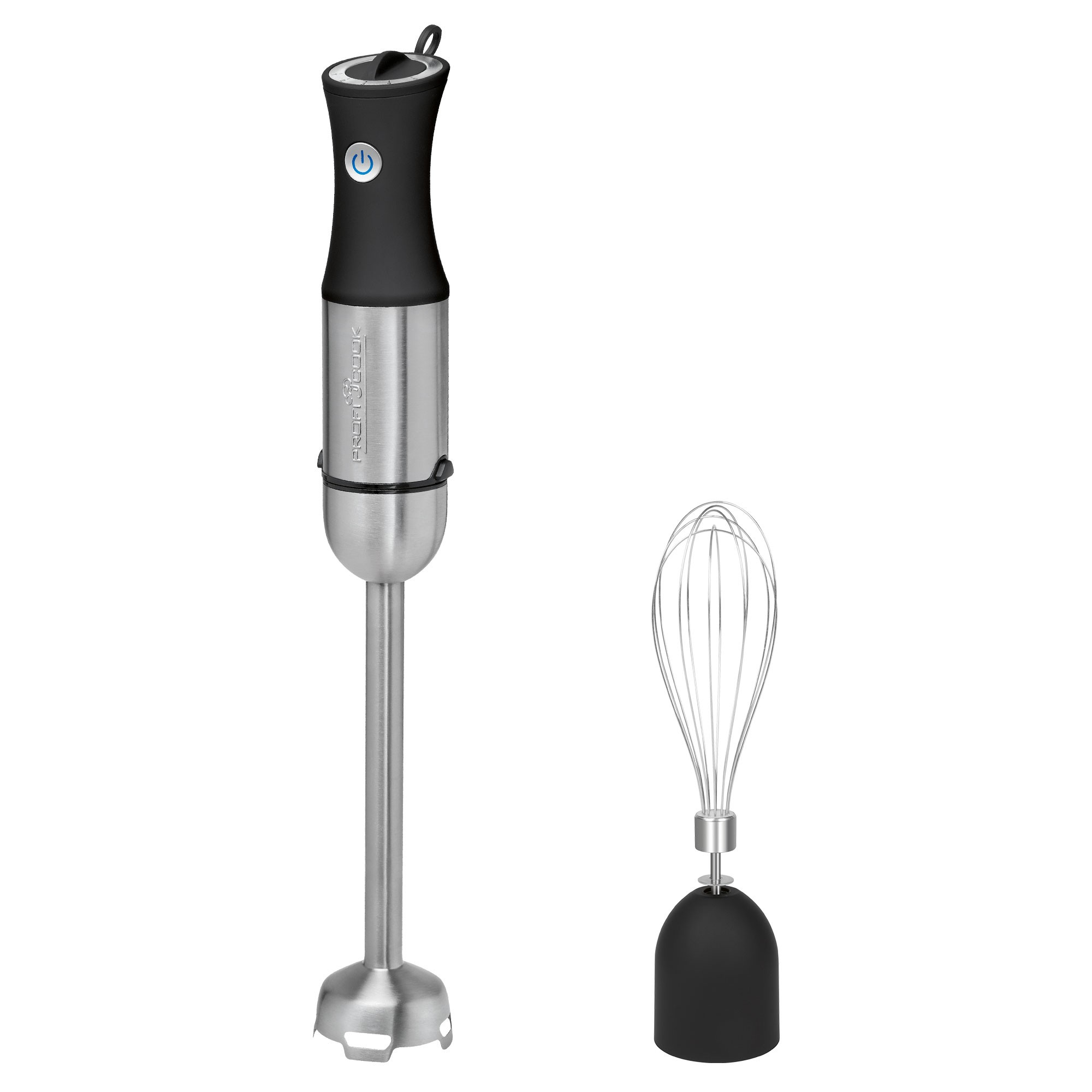 Elektryczny blender ręczny i trzepaczka, oba na białym tle. Blender ma czarne i srebrne części.