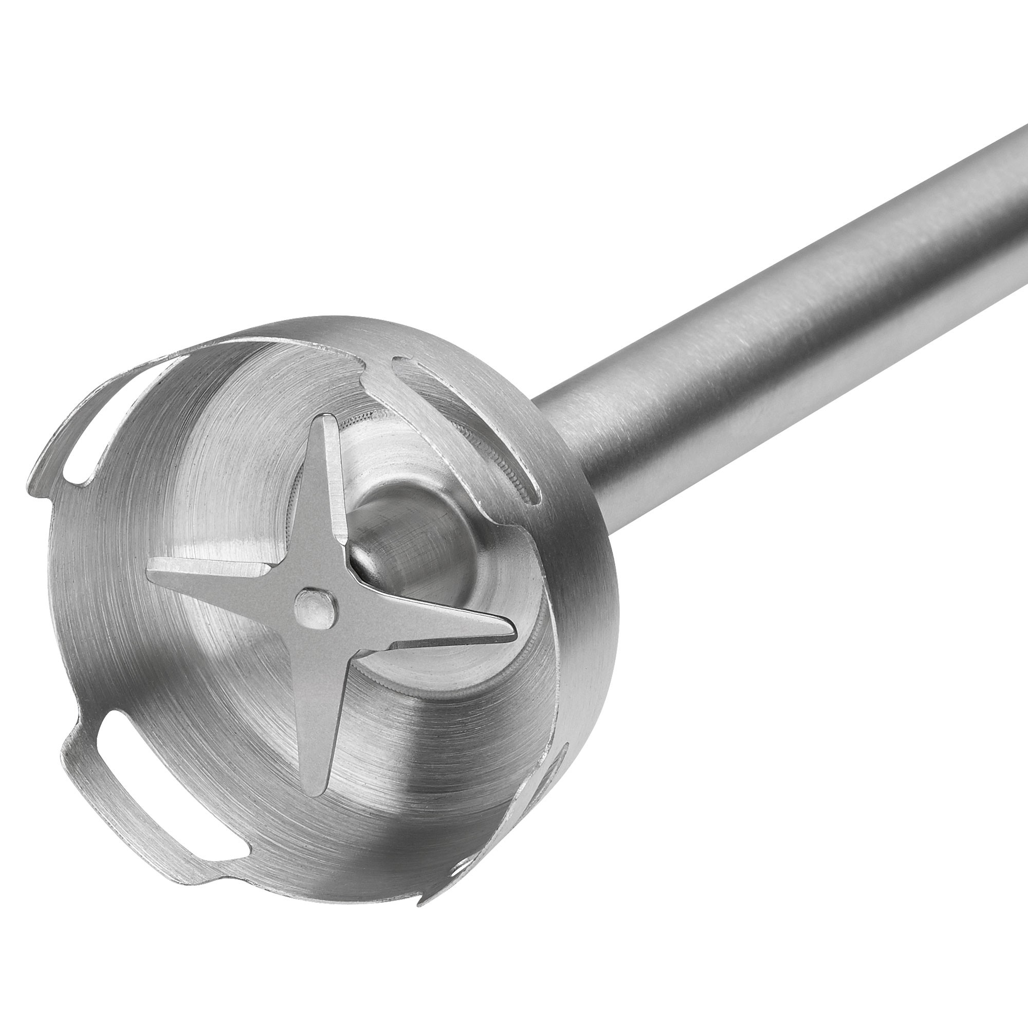 Zbliżenie głowicy blendera zanurzeniowego ze stali nierdzewnej z czterema ostrzami, na białym tle.