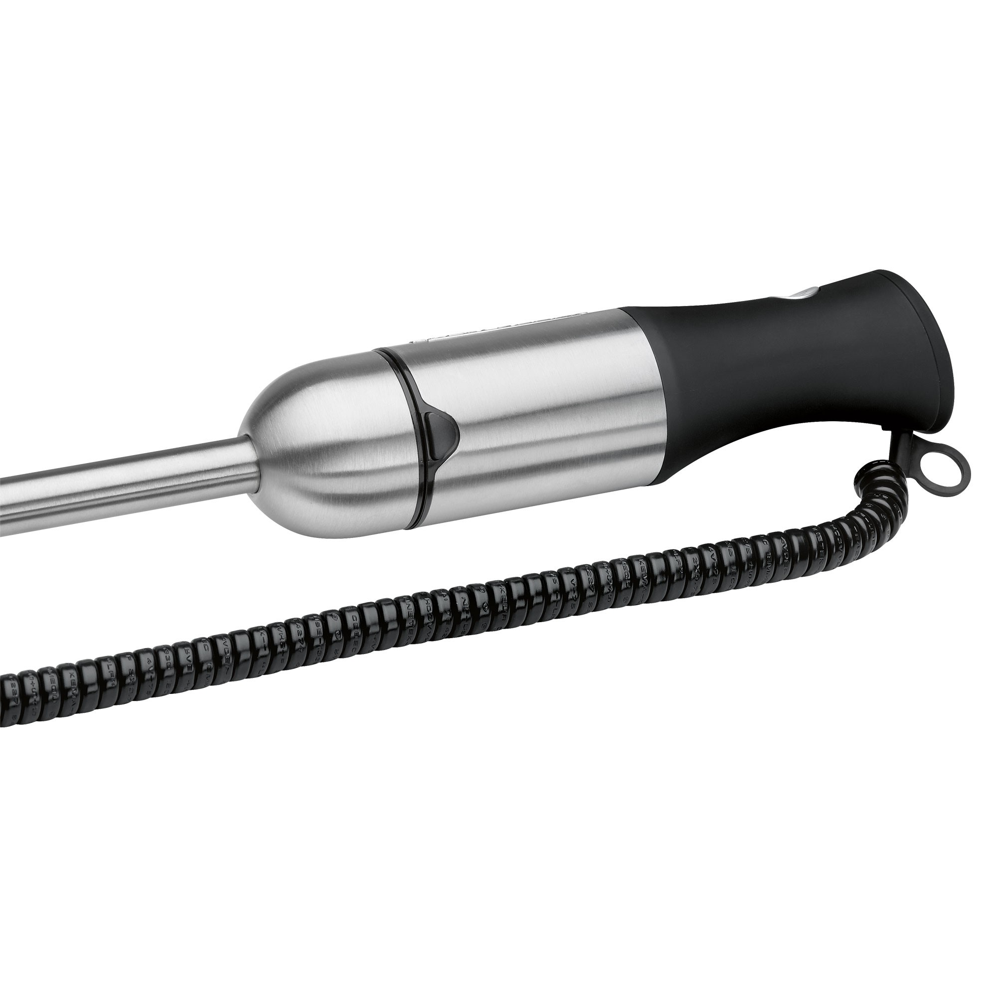 Blender zanurzeniowy ze stali nierdzewnej z czarnym uchwytem i czarnym kablem spiralnym na białym tle.