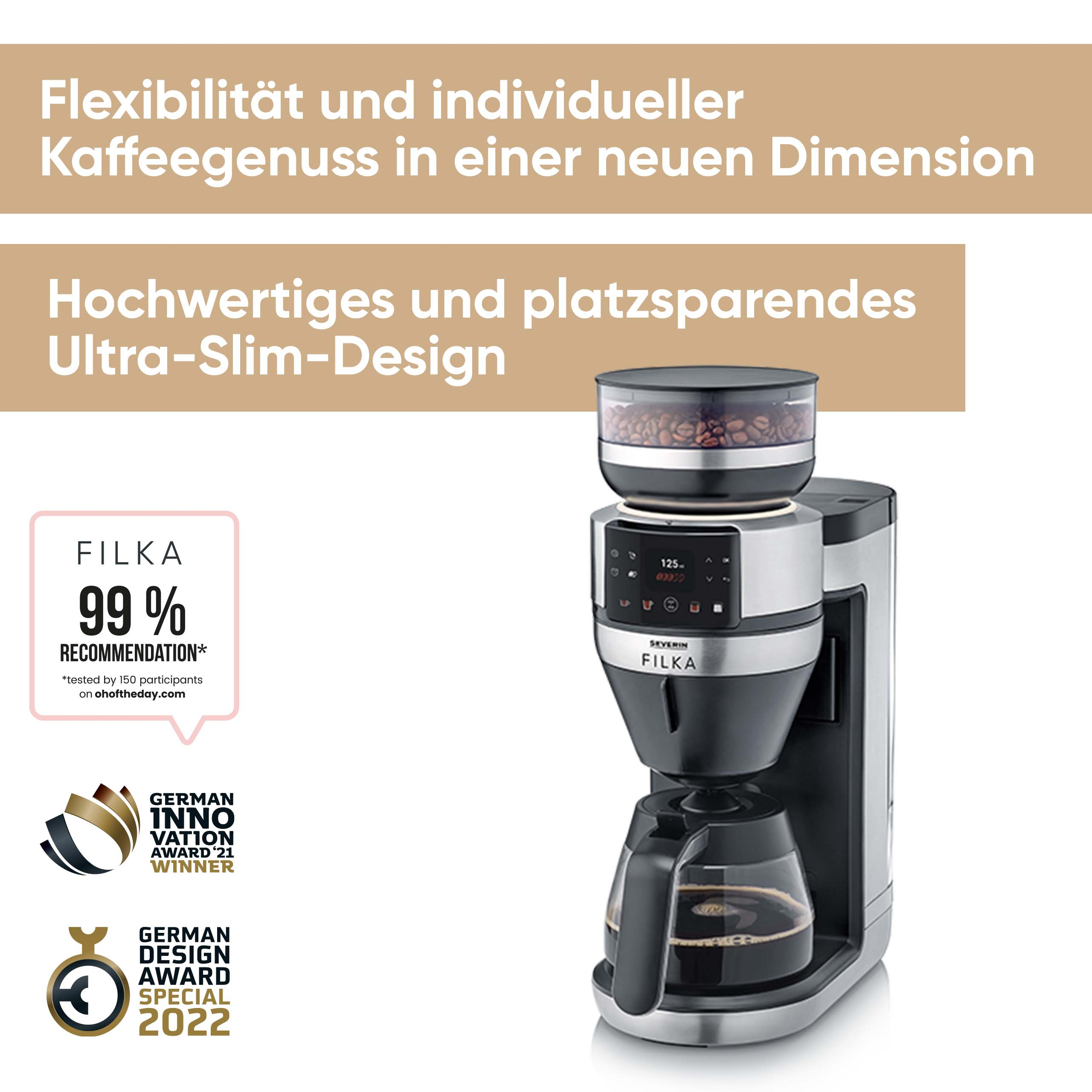 A coffee machine with coffee beans in a container, a glass carafe, and text about awards and recommendation.