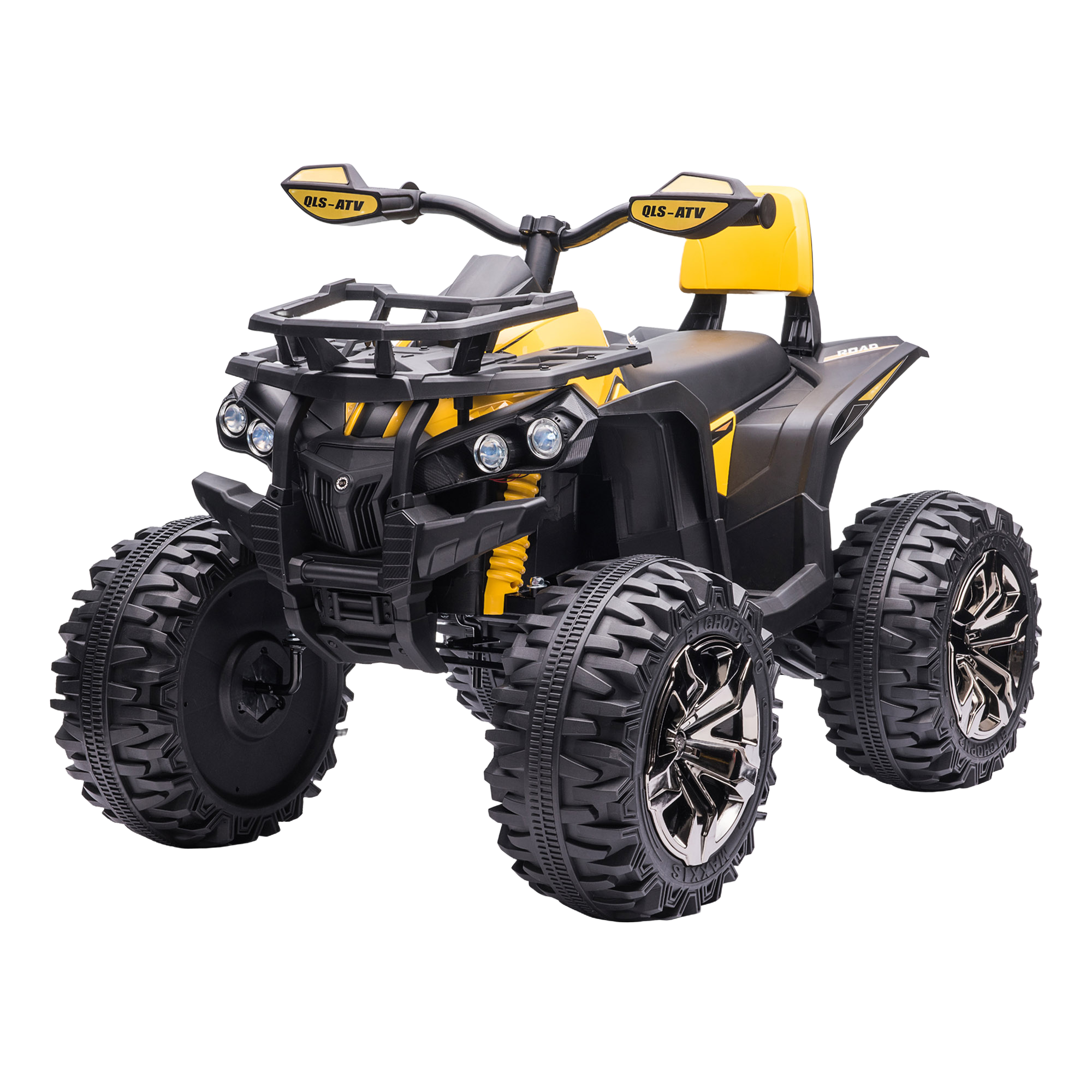 Un quad giocattolo giallo e nero con pneumatici grandi isolato su sfondo nero.