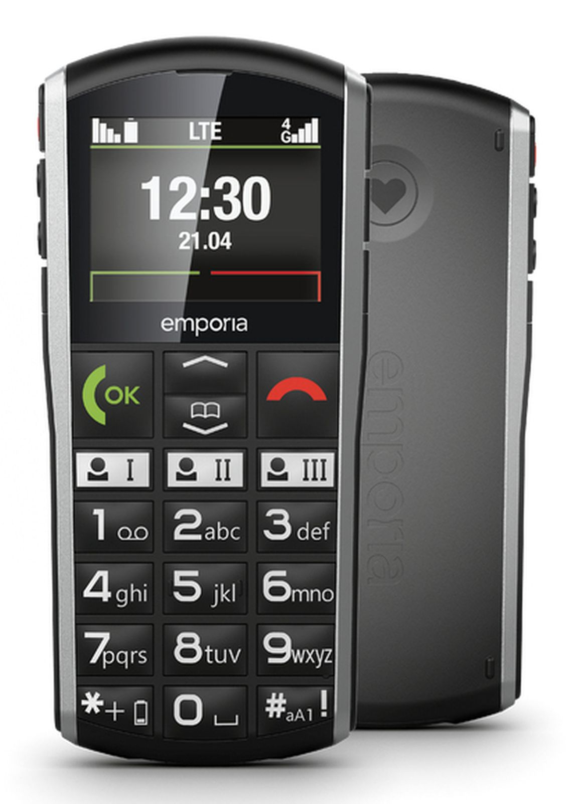 Czarny telefon Emporia wyświetla godzinę i datę. Przyciski to OK, połączenie, numery i symbole. Tył jest szary z sercem.