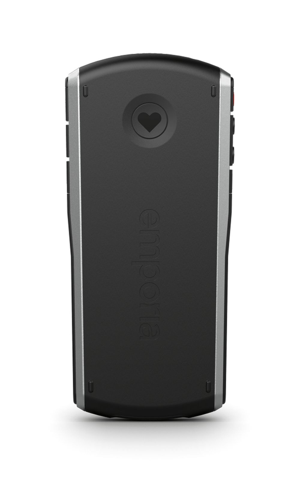 Czarne urządzenie Emporia, z symbolem serca i napisem 'emporia'. Srebrna ramka. Urządzenie znajduje się na białym tle.