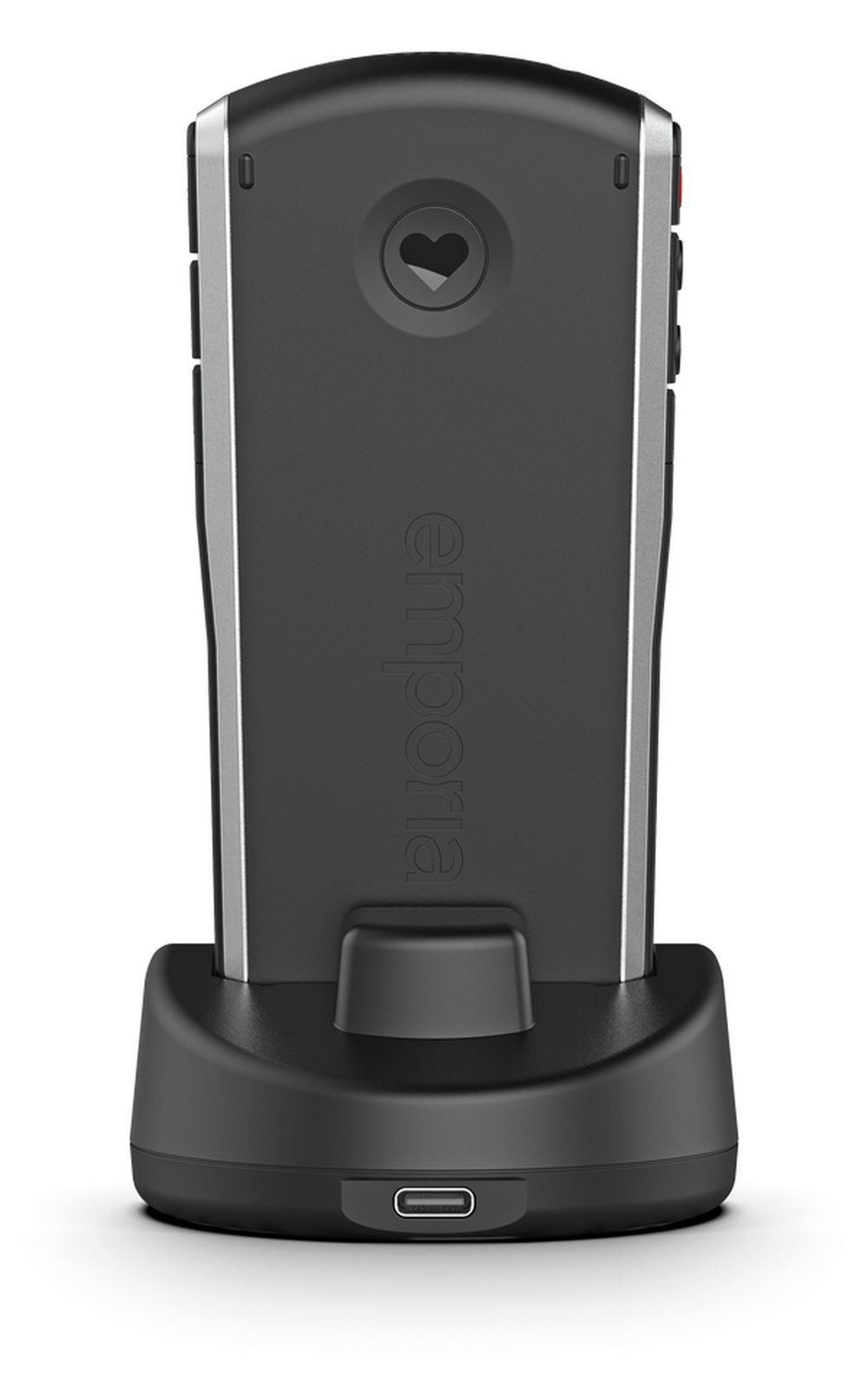 Czarny telefon Emporia na czarnej stacji ładującej. Telefon ma symbol serca i białe akcenty.