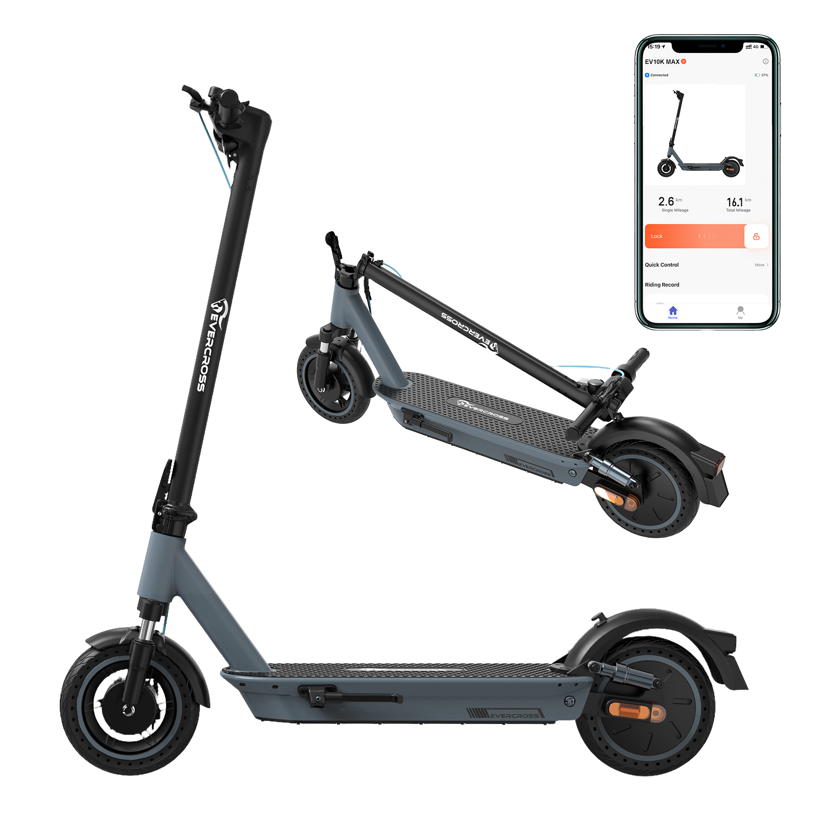 Tre scooter elettrici grigi, uno piegato. Un telefono mostra statistiche e opzioni di controllo dello scooter.