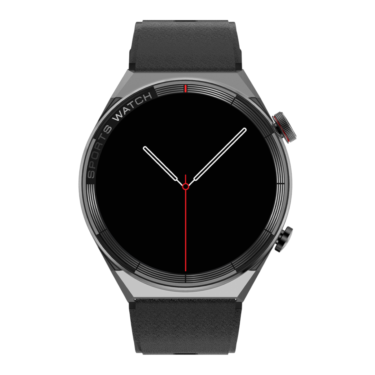 Zegarek sportowy z czarną tarczą, białymi wskazówkami i czerwoną sekundą. Ma szarą metalową ramę i czarny skórzany pasek.