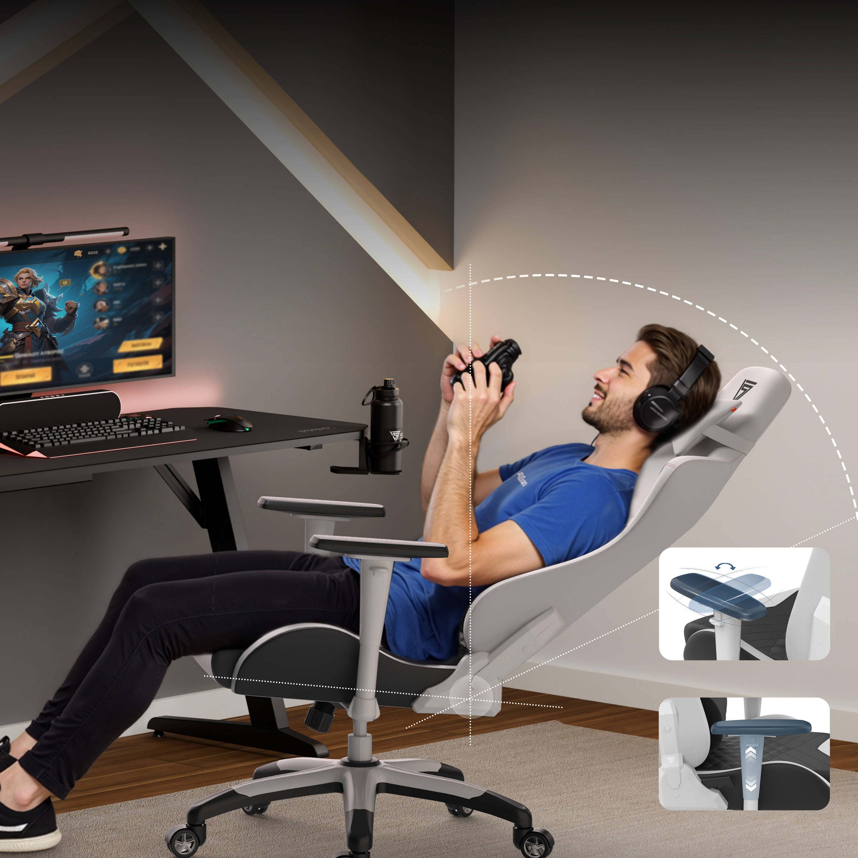 Mann spielt in einem Stuhl, trägt Kopfhörer. Ein Monitor zeigt ein Spiel. Weitere Elemente sind ebenfalls vorhanden.