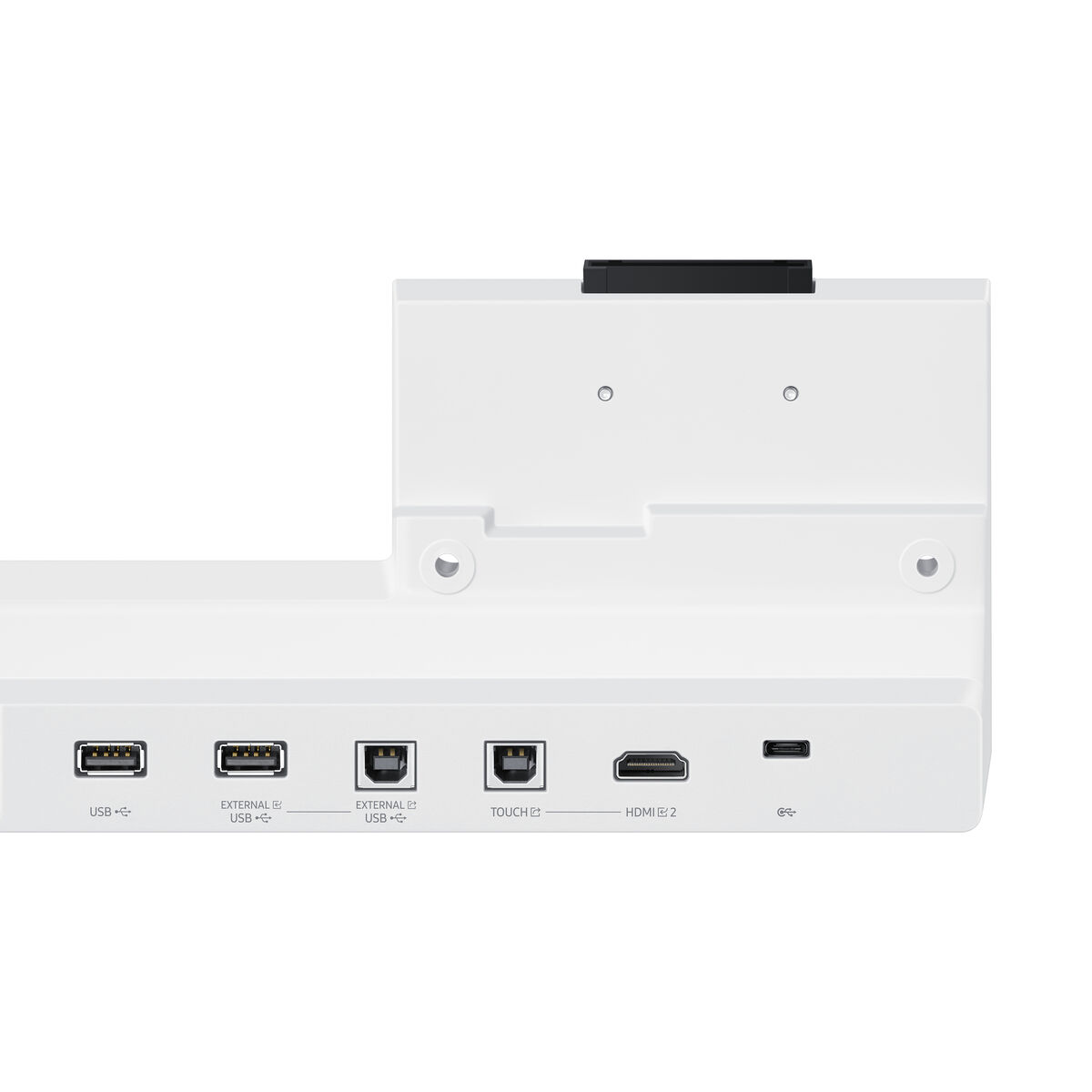 Dispositivo bianco con porte USB, HDMI e altre. La parte superiore ha un componente nero. Lo sfondo è bianco.