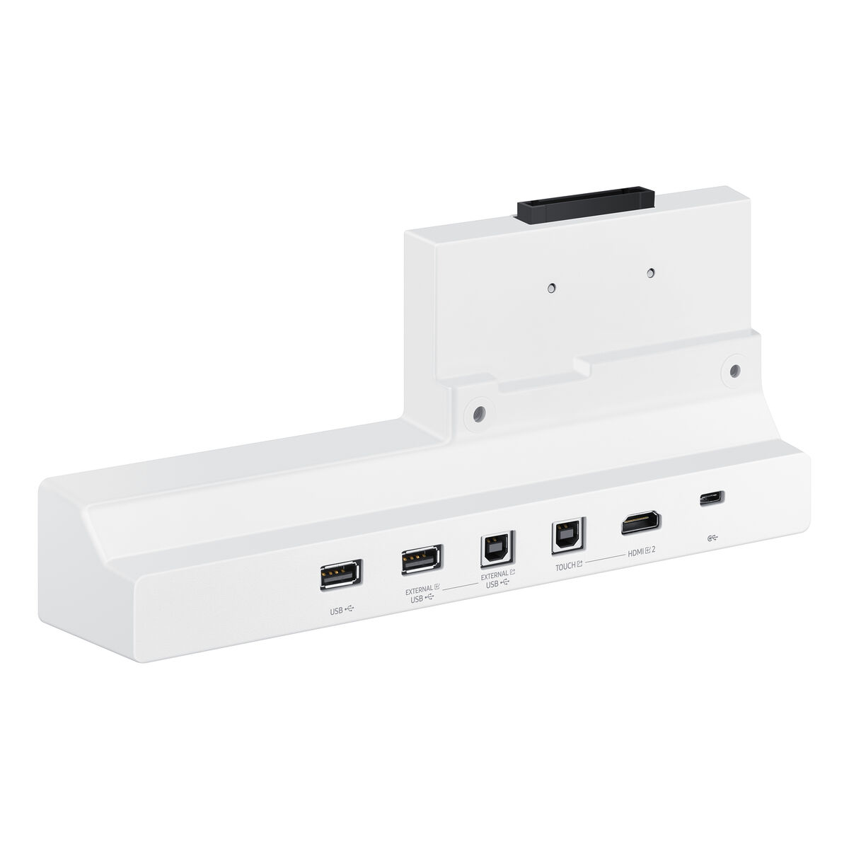 Una docking station bianca con più porte USB e HDMI. Ha una forma rettangolare con una sezione rialzata e diverse porte di ingresso.