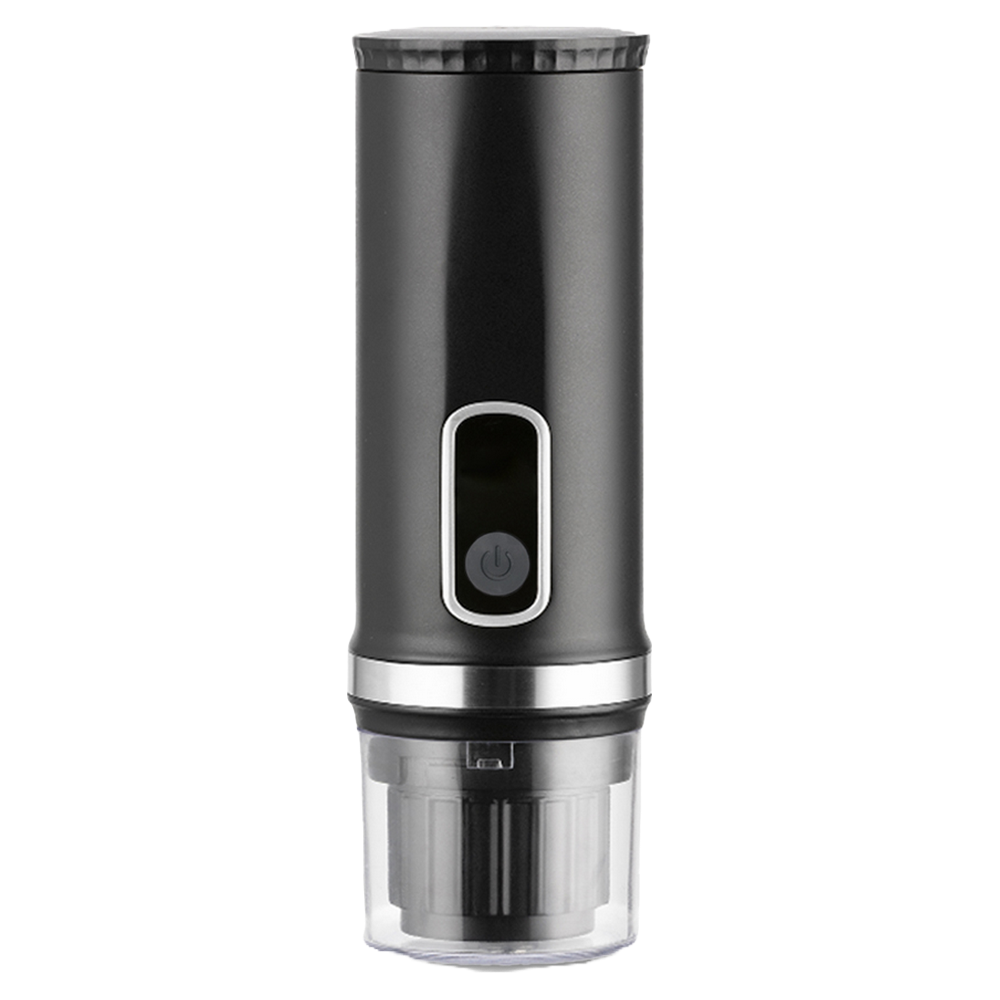 Czarny elektryczny otwieracz do wina. Ma przycisk zasilania i przezroczystą dolną część.