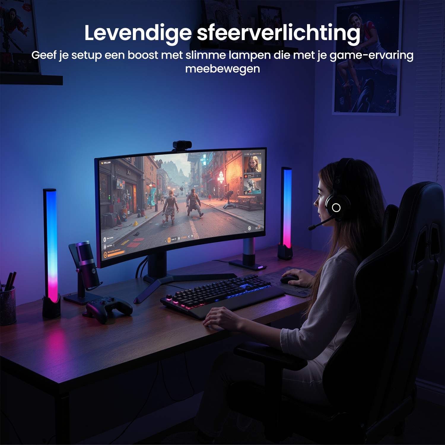 A woman wearing a headset is playing a video game on a monitor, with colorful lights on the desk.