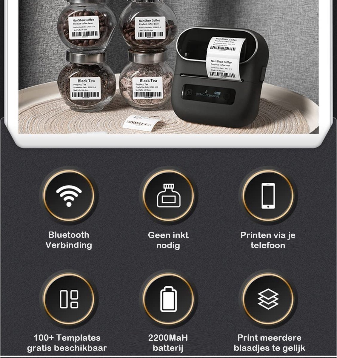 Image shows a label printer, jars of coffee and tea, and icons for Bluetooth, no ink, phone printing, templates, battery, and multi-page printing.
