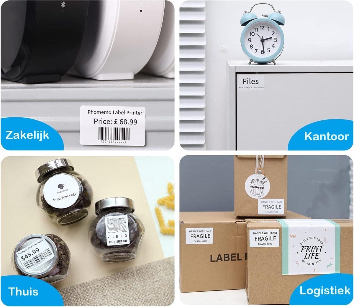 De afbeelding toont een labelprinter, een wekker, potten, dozen en tekstlabels met verschillende prijzen en beschrijvingen.