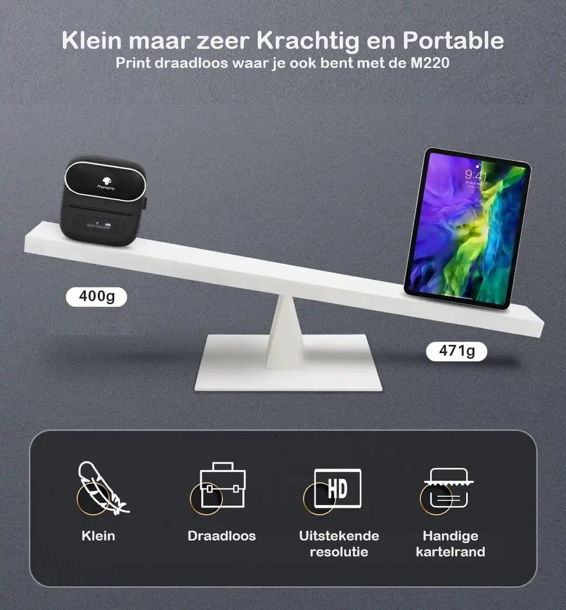 A seesaw balancing a small printer and a tablet. Text at the bottom mentions features: small, wireless, HD resolution, and a handy edge.