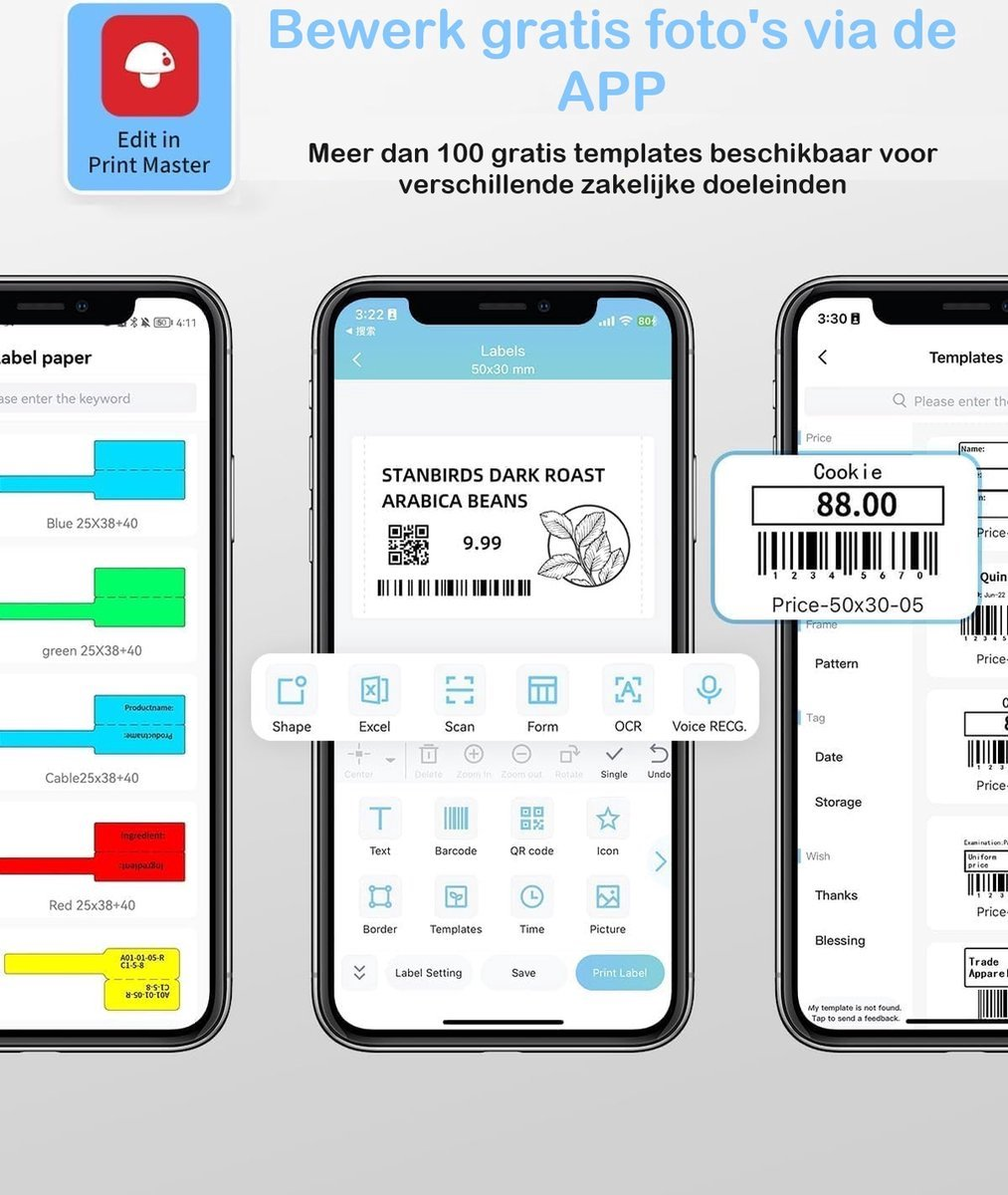 Drie mobiele telefoonschermen met labelontwerpen, tekst en opties.