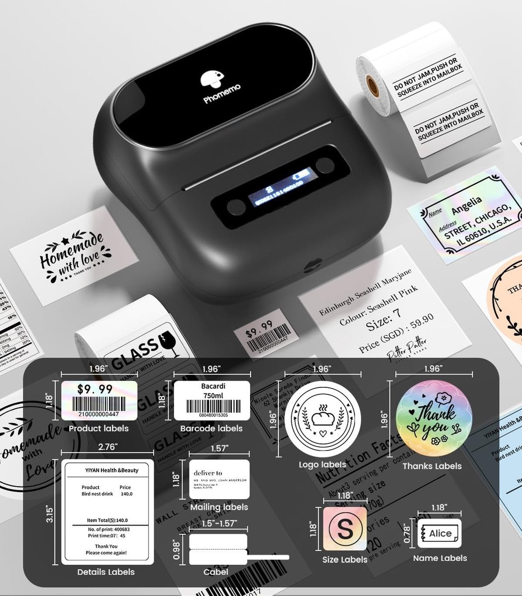 A label printer with labels, stickers, and a display. Several labels are visible with text and pricing. The printer is black.