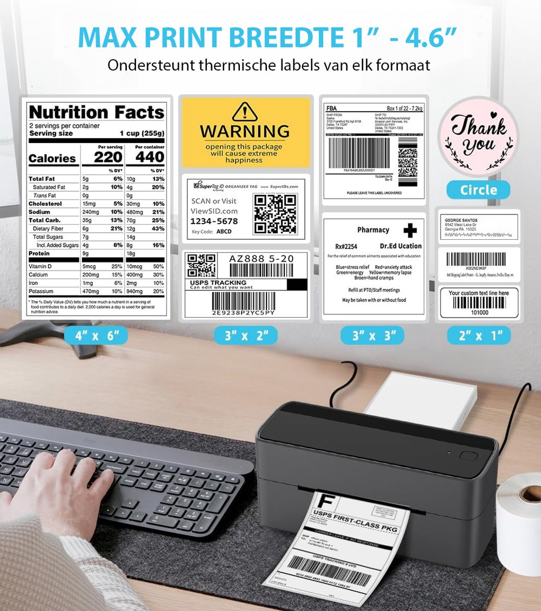 Een labelprinter die een USPS-label afdrukt. Een toetsenbord en voedingsinformatie zijn zichtbaar.