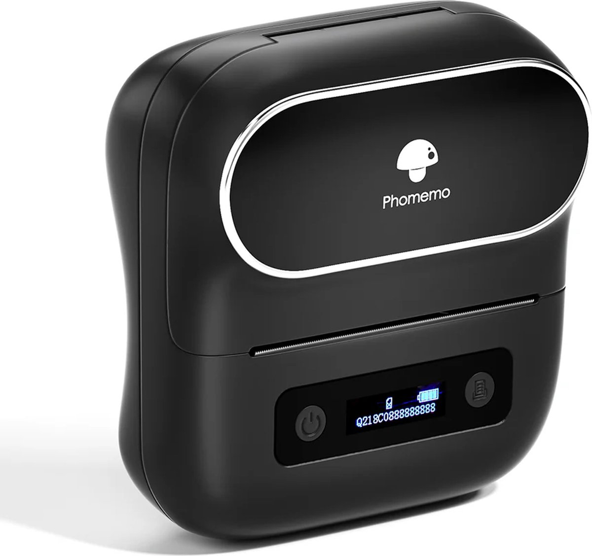 A black Phomemo label printer with a screen showing battery and code. It has a power button.