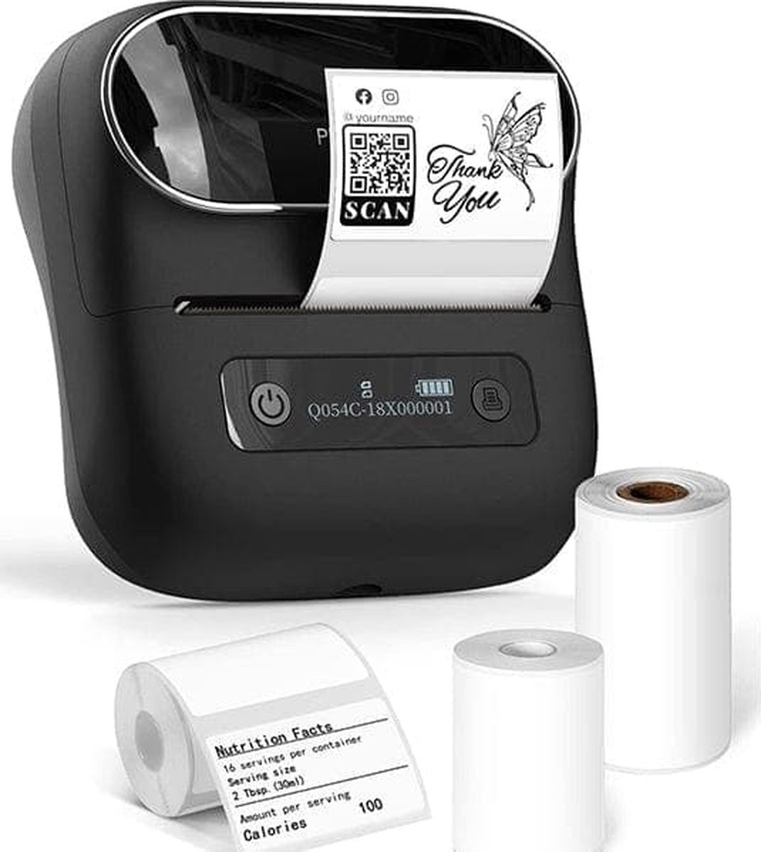 A black label printer with a printed 'Thank You' label. Rolls of paper and nutrition facts label are next to it.