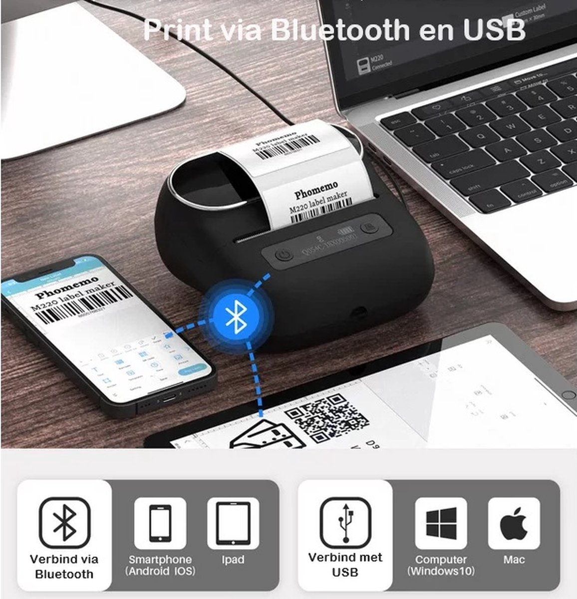 A label maker is connected via Bluetooth to a smartphone, a tablet, and a laptop. Icons indicate USB, Windows, and Mac compatibility.