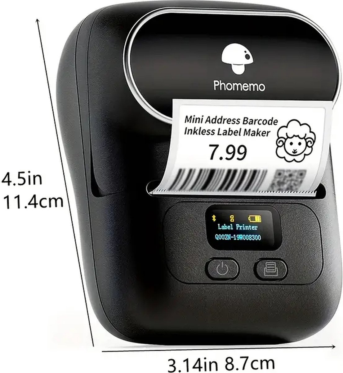 Een zwarte labelmaker drukt een label af met een prijs van $7,99 en een barcode. Afmetingen: 4,5 inch x 3,14 inch.