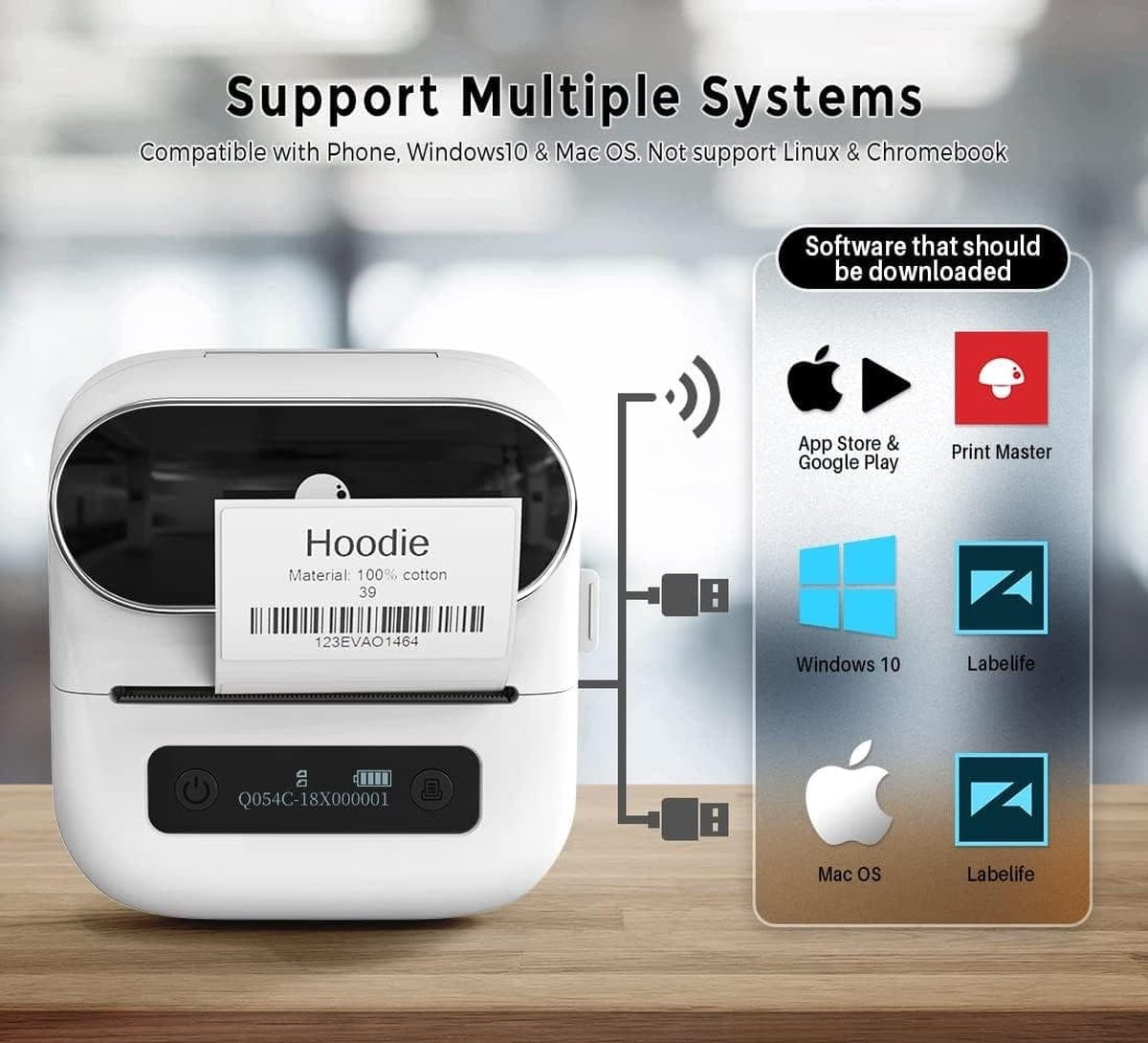 Een witte labelprinter met een label met 'Hoodie'. Software-iconen zijn onder andere Apple, Windows 10 en Labelife.