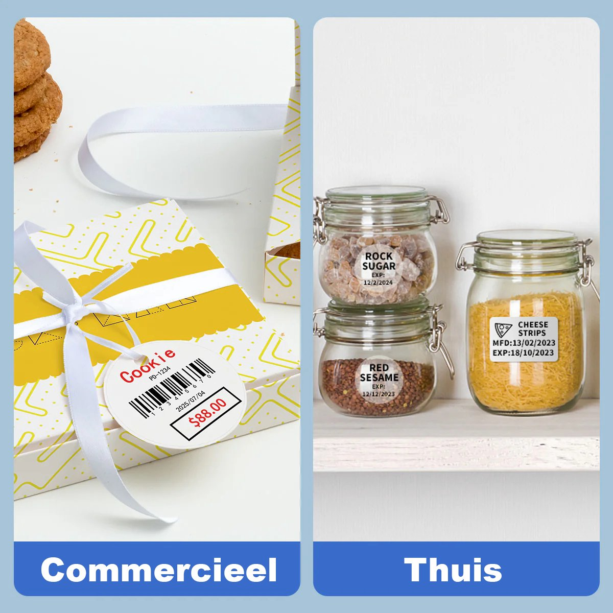 A gift box with a price tag, cookies on the left, and jars with sugar, sesame, and cheese strips on the right.