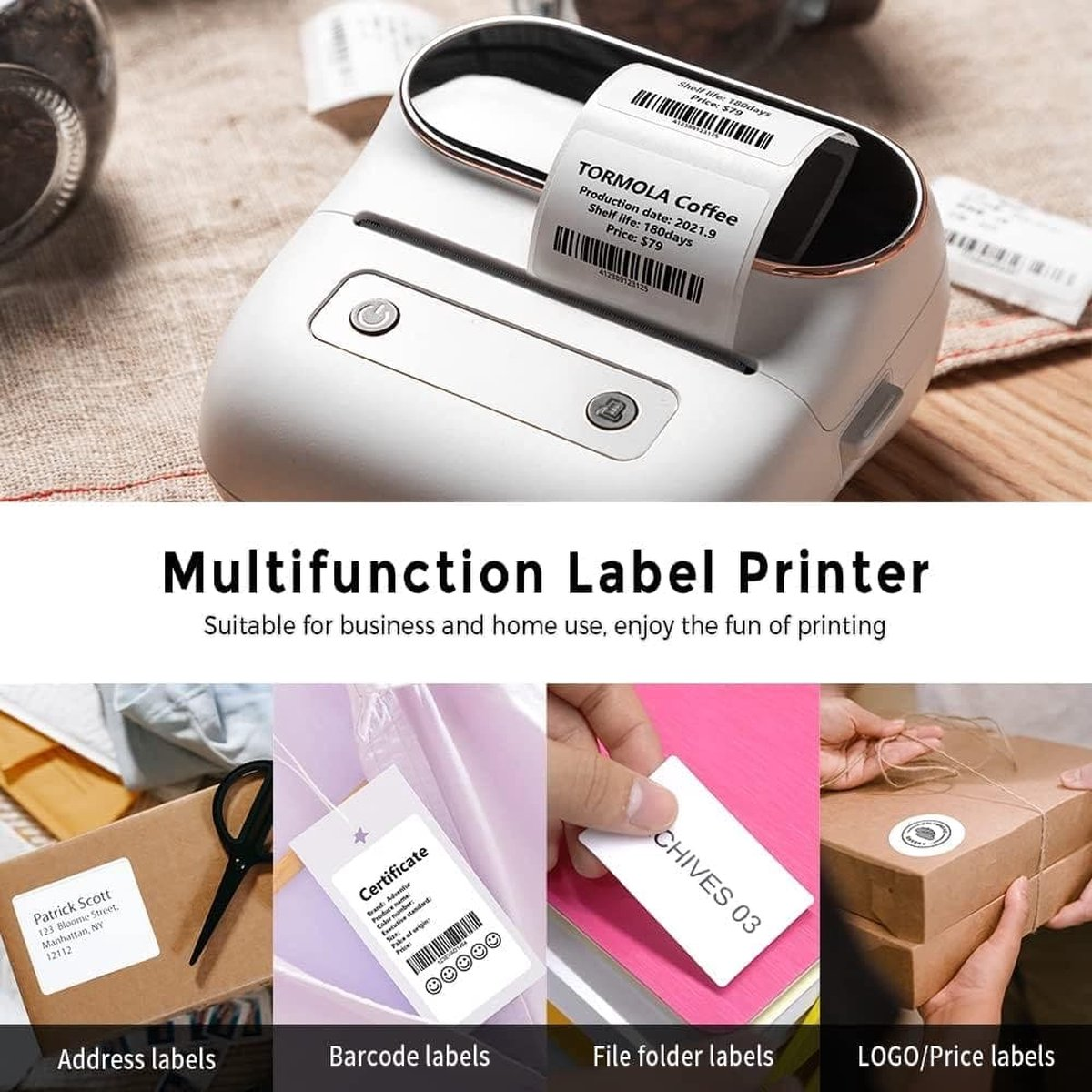 Een labelprinter met een label met productinfo. Hieronder voorbeelden van labels: adres, barcode, map en logo labels.
