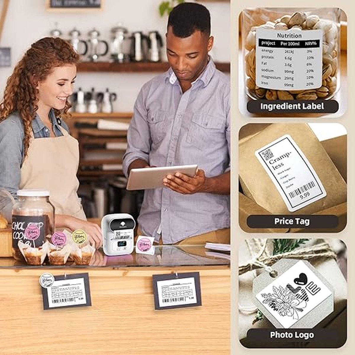 Twee mensen aan een toonbank, een kijkt naar een tablet. Labels, een pot en muffins zijn zichtbaar. Ingrediënten-, prijs- en fotolabels worden getoond.