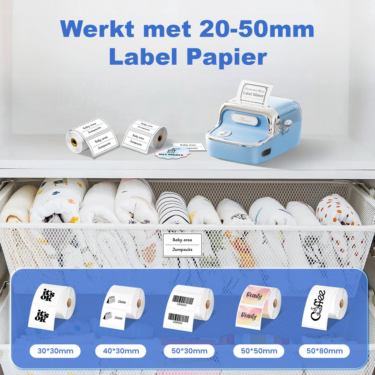 A label maker with label rolls and text samples, a drawer of baby clothes, and text in Dutch.