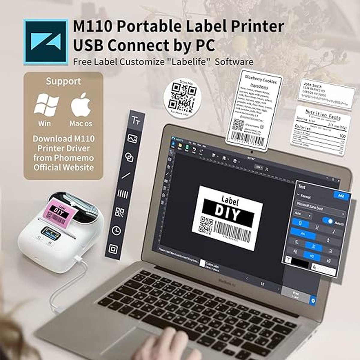 Een labelprinter met laptop, labels en software-interface zijn zichtbaar. De scène is ingesteld voor het maken van aangepaste labels.