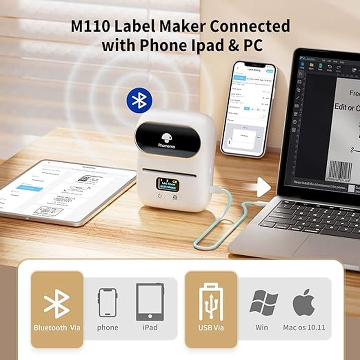 Een witte labelmaker is aangesloten op een laptop, telefoon en tablet. Pictogrammen tonen Bluetooth, USB, telefoon, iPad, Windows en Mac compatibiliteit.