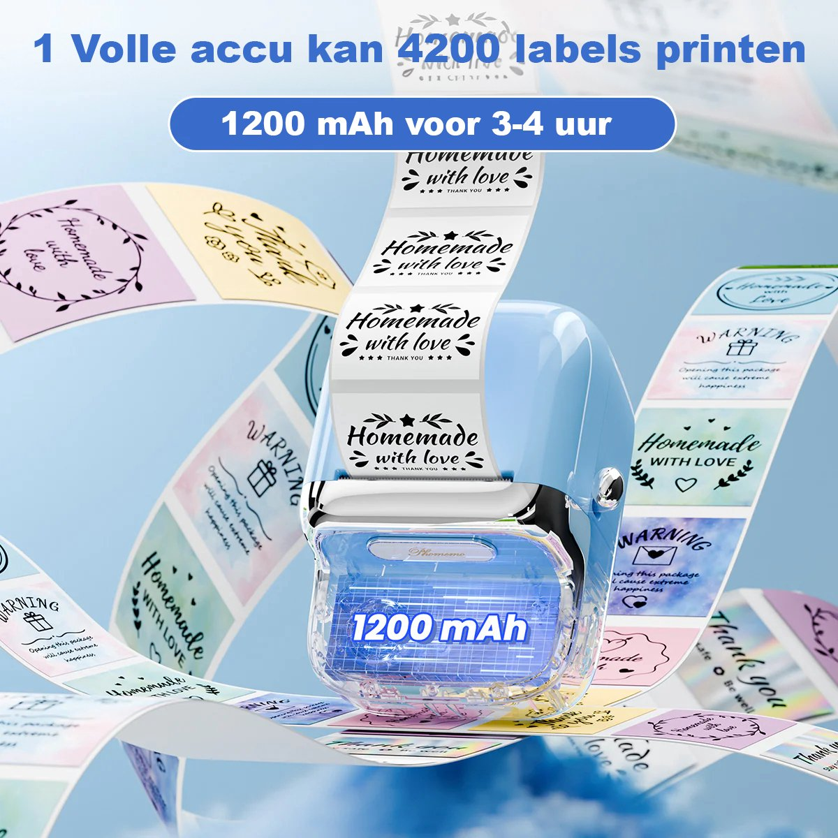 A label printer with labels saying 'Homemade with love'. It shows a battery that says 1200 mAh.