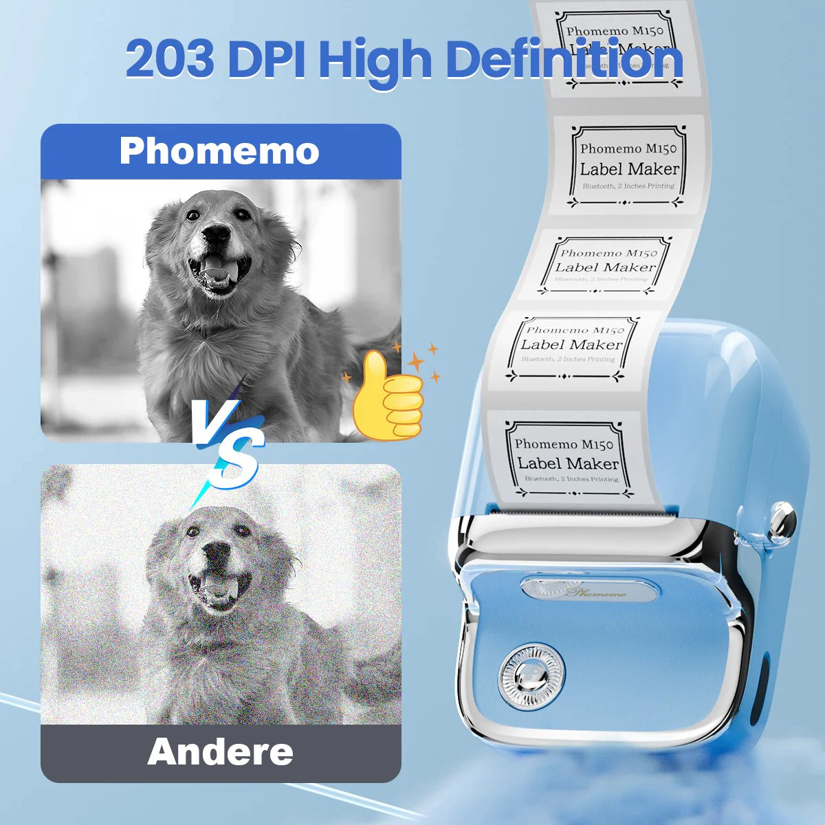 Image compares two dogs: One with high definition, the other with a lower quality. A blue label maker is on the right.