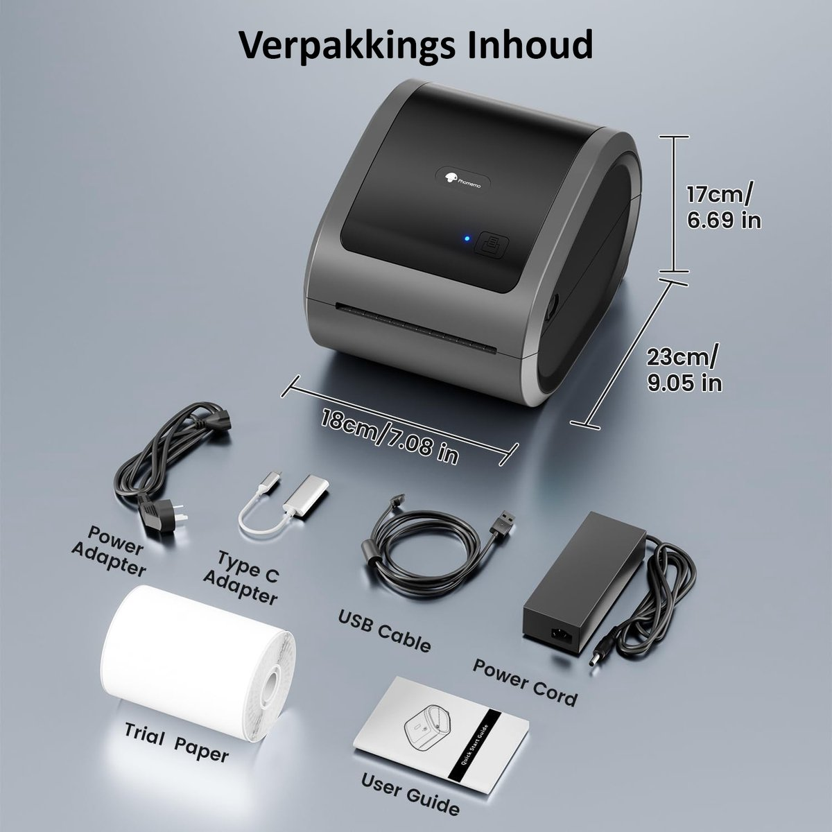 Een labelprinter met accessoires: voedingsadapter, kabel, adapter, papierrol en gebruikershandleiding. Afmetingen zijn vermeld.