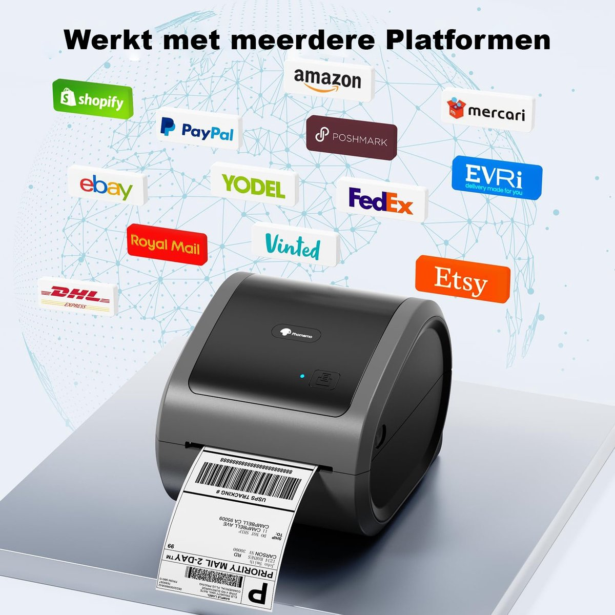 Een labelprinter met verzendplatformlogo's op de achtergrond. Er wordt een verzendlabel afgedrukt.