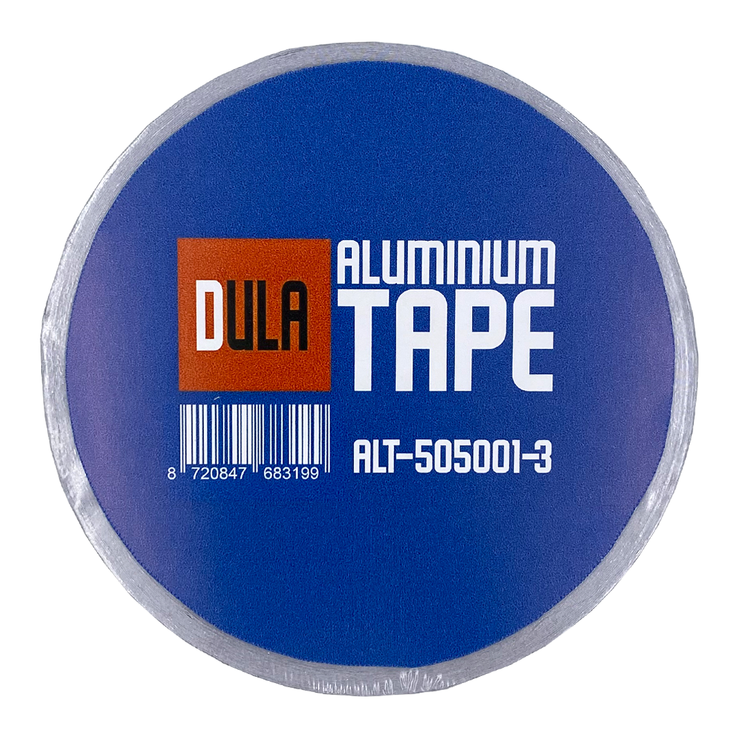 Cirkelvormige rol aluminium tape. Blauwe achtergrond met witte tekst en een rood-oranje vierkant met het merk 'DULA'.