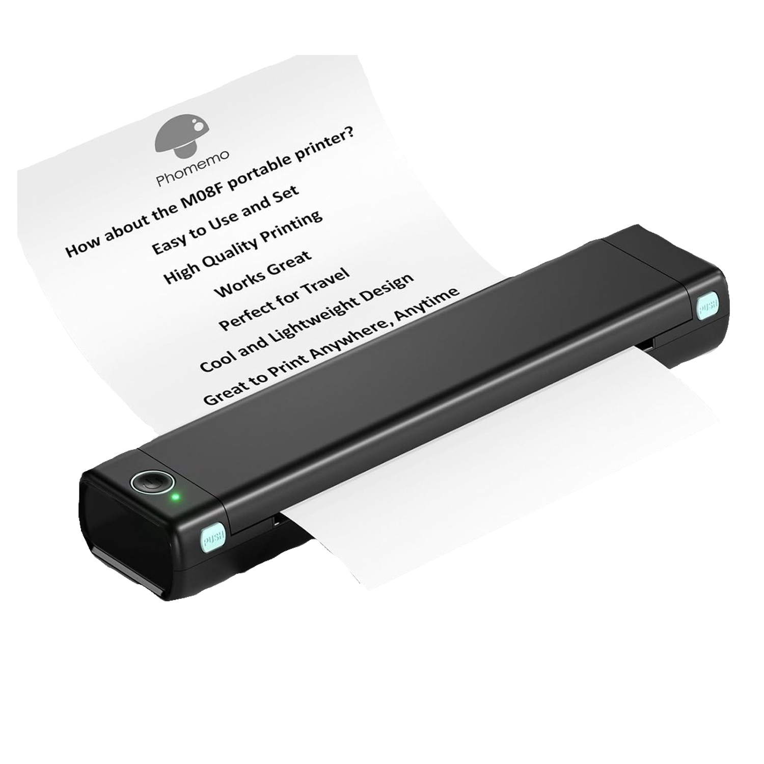 Een zwarte draagbare printer met witte papieruitvoer. Een kaart met tekst over de printer staat erboven. Hij heeft een groen lampje.