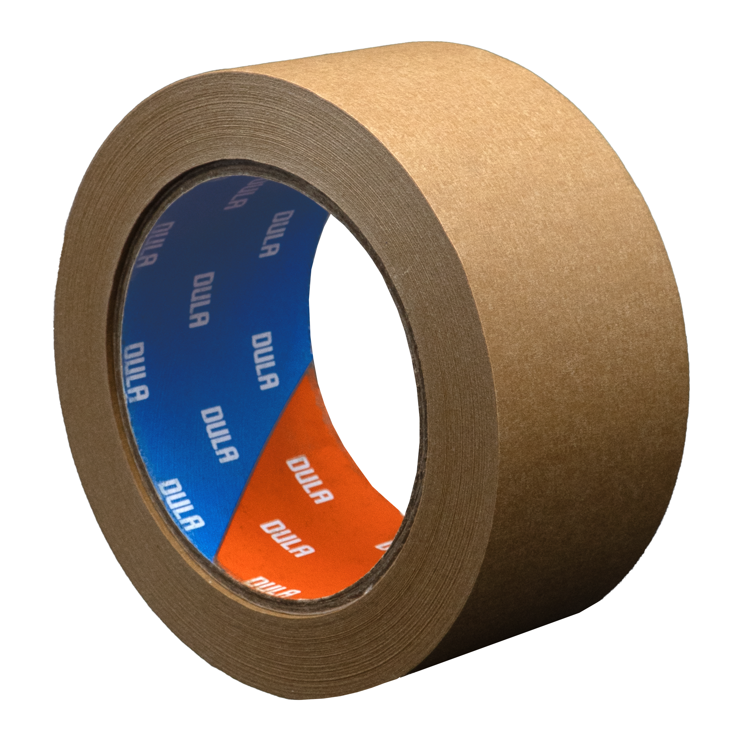 Een rol bruine schilderstape met een blauw en oranje binnenlabel met 'DULA'.