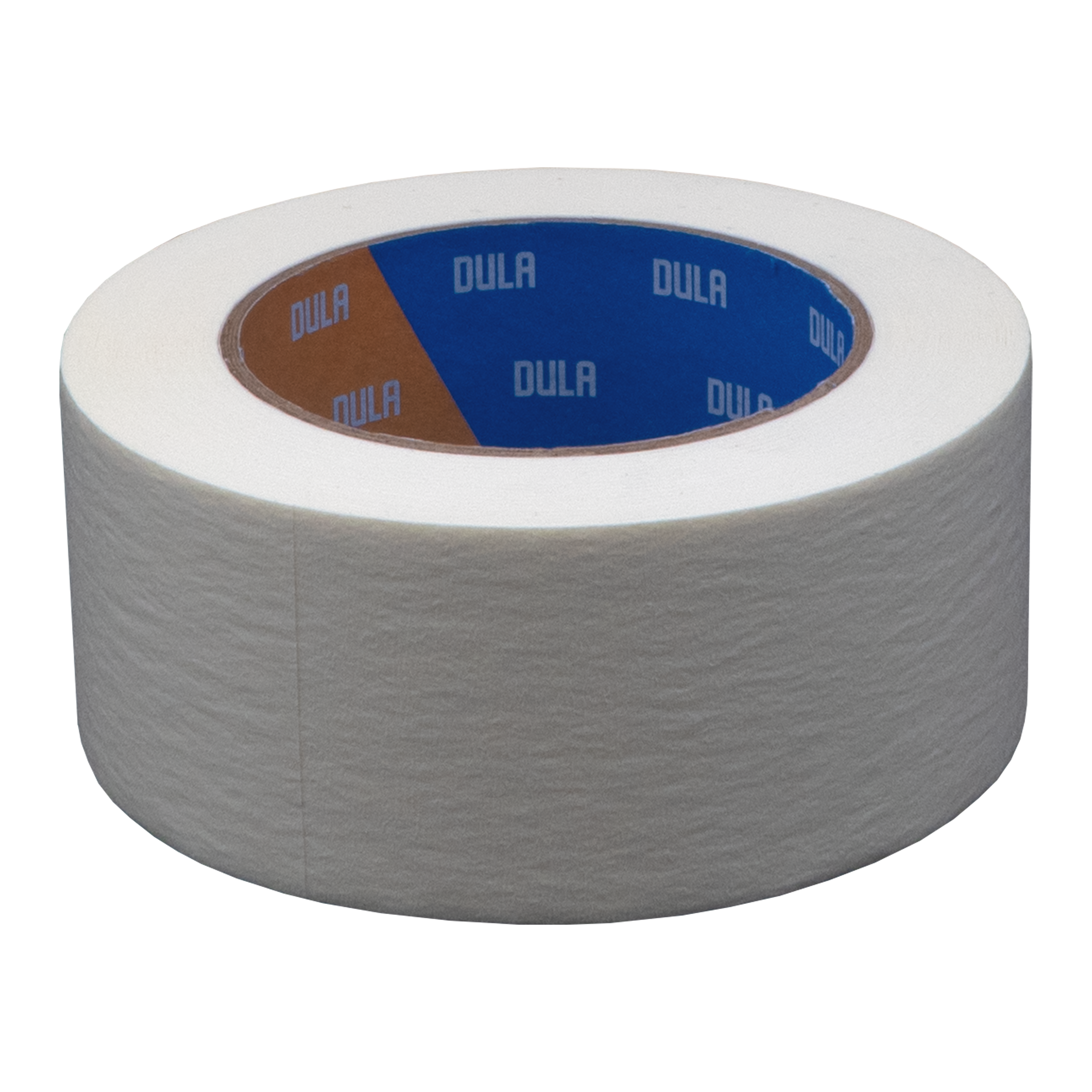 Een rol witte afplaktape met de merknaam DULA zichtbaar op de binnenste blauwe cirkel.