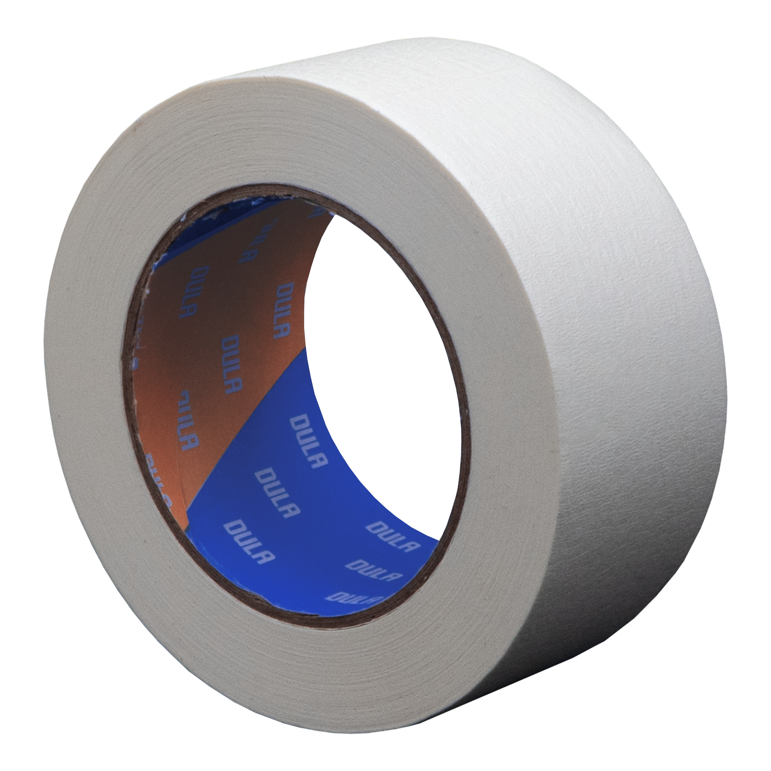 Een rol witte afplaktape. De tape heeft een bruine en blauwe binnenkern.