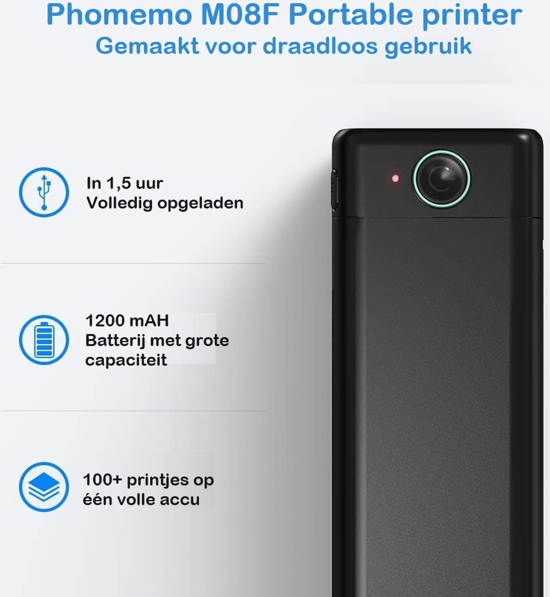 Zwarte draagbare printer met tekst: 'Phomemo M08F'. Kenmerken: 1,5 uur opladen, 1200mAh batterij, 100+ afdrukken.