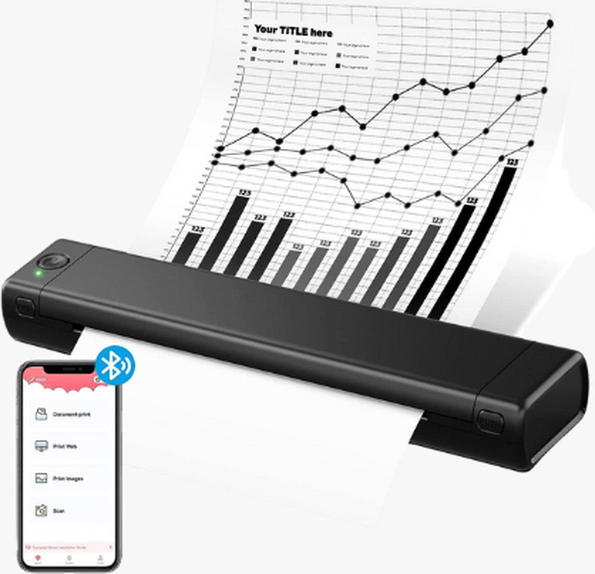Een zwarte scanner print een grafiek. Een telefoon toont afdrukopties. De achtergrond is wit.