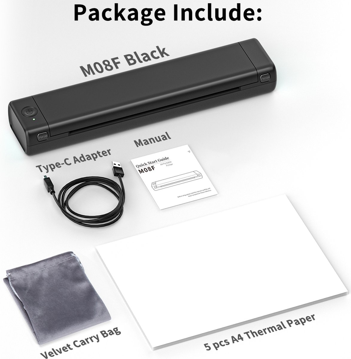 Een pakket bevat een zwarte printer, Type-C adapter, fluwelen tas, handleiding en thermisch papier.
